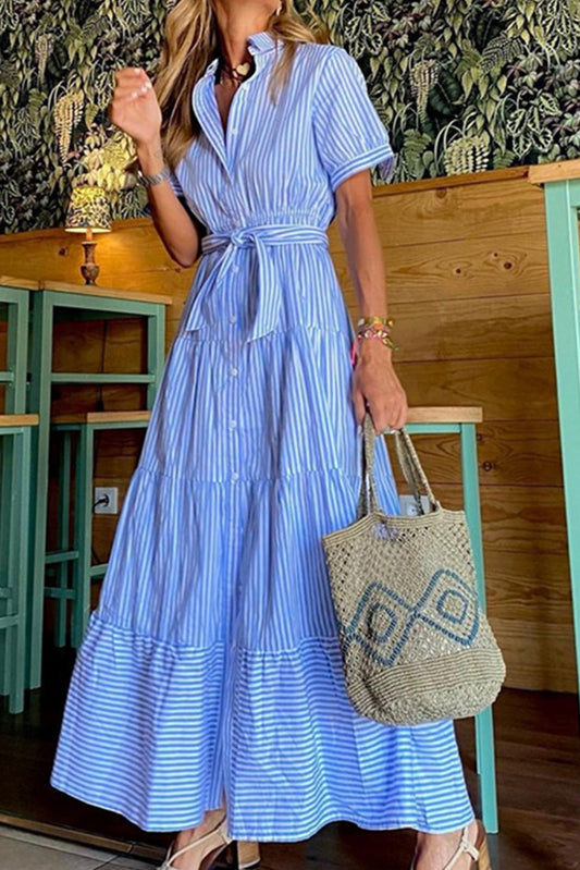 Blue Striped Button Front Belted Shirt Collar Maxi Dress