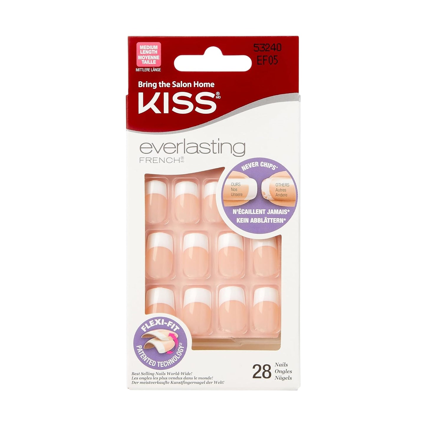KISS Everlasting Press On Nails, Nail glue included, Infinite', French, Medium Size, Squoval Shape, Includes 28 Nails, 2g Glue, 1 Manicure Stick, 1 Mini file