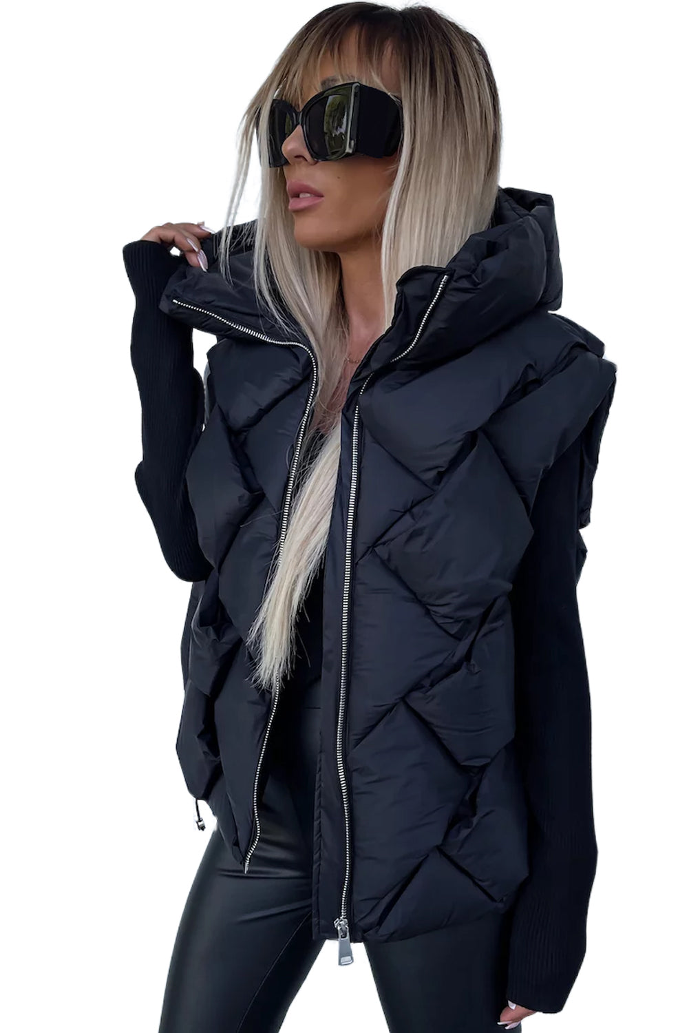 White Quilted Zipper Front Thermal Hooded Vest Coat