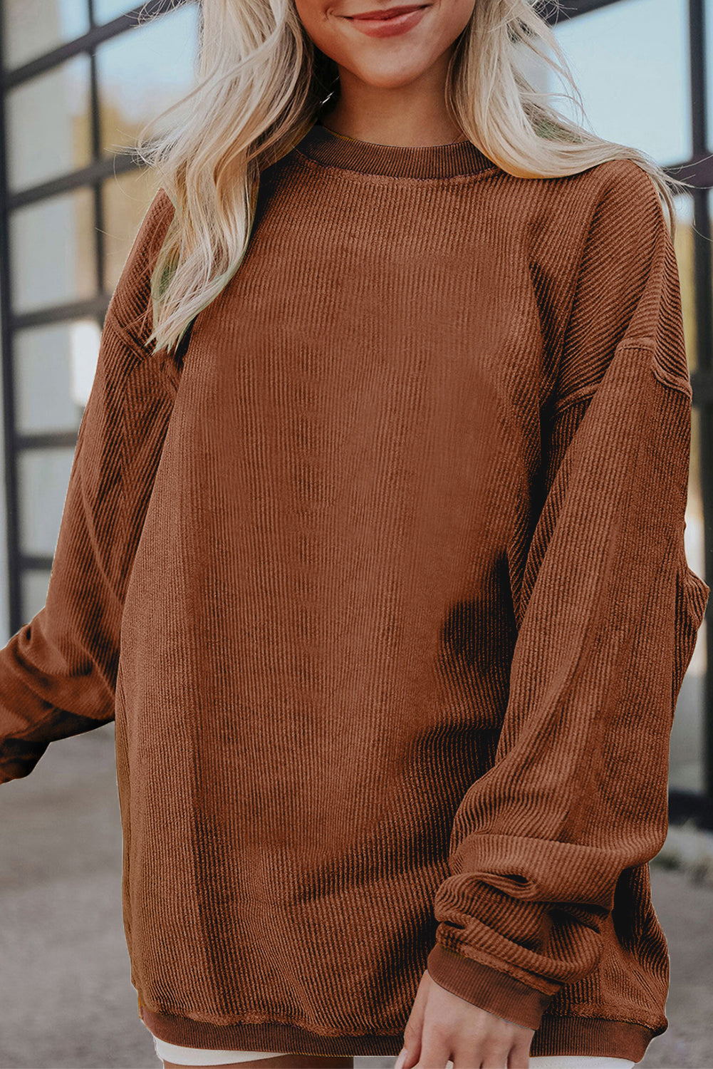 Light Grey Drop Shoulder Ribbed Oversized Sweatshirt