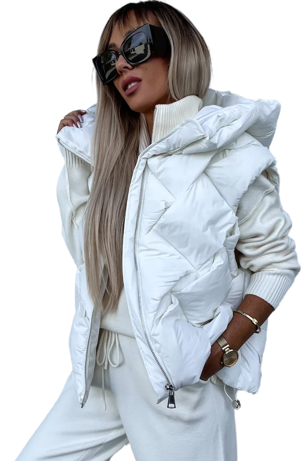 White Quilted Zipper Front Thermal Hooded Vest Coat