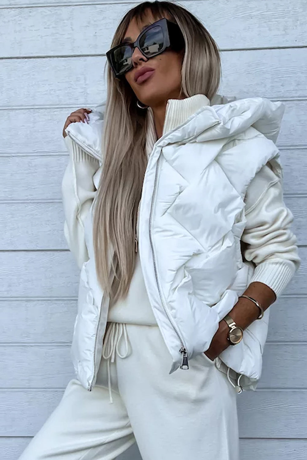 White Quilted Zipper Front Thermal Hooded Vest Coat