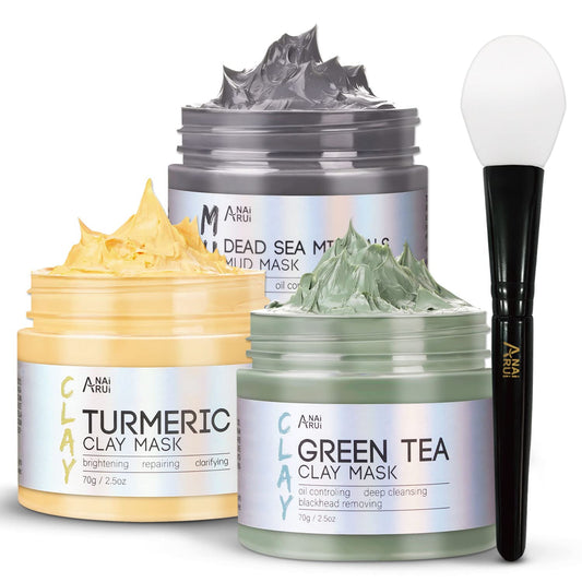 ANAI RUI Turmeric Clay Mask - Green Tea and Dead Sea Minerals, Spa Facial Mask Set for Pore Treatment/Smooth/Clarify, Indoor Use, 2.5 oz each