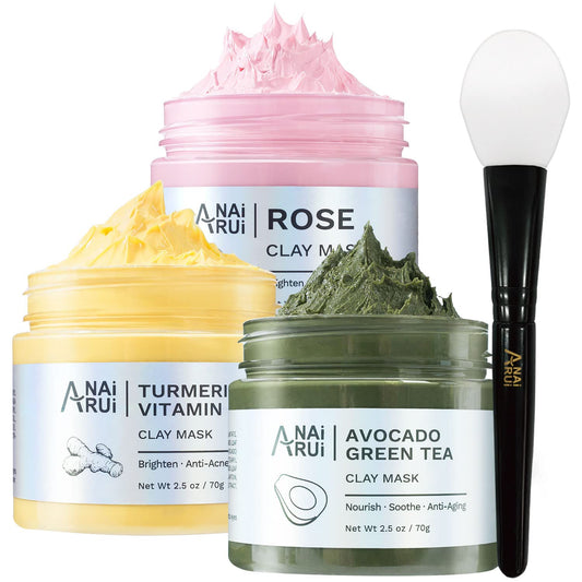 ANAI RUI Turmeric Vitamin C Clay Mask -Rose Facial Mask –Avocado Green Tea Mud SPA Mask Set 2.5 oz each