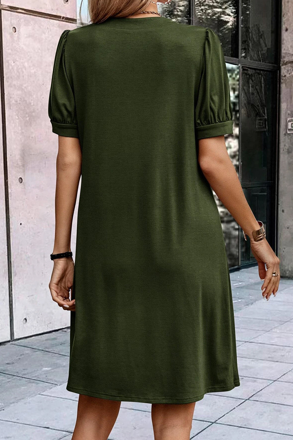 Desert Palm Notched Neck Pleated Puff Sleeve T Shirt Dress